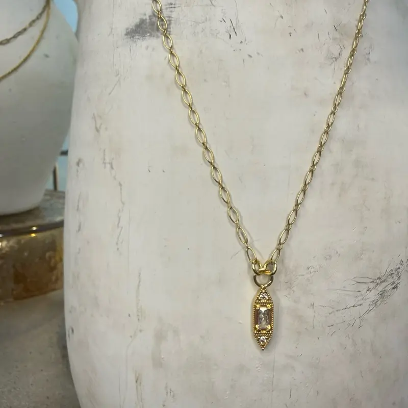 Cameron Studio Charm Necklace, 18.5in Gold-Filled Bubble Chain with Art Deco CZ Marquis Center Drop Charm, Lobster Clasp
