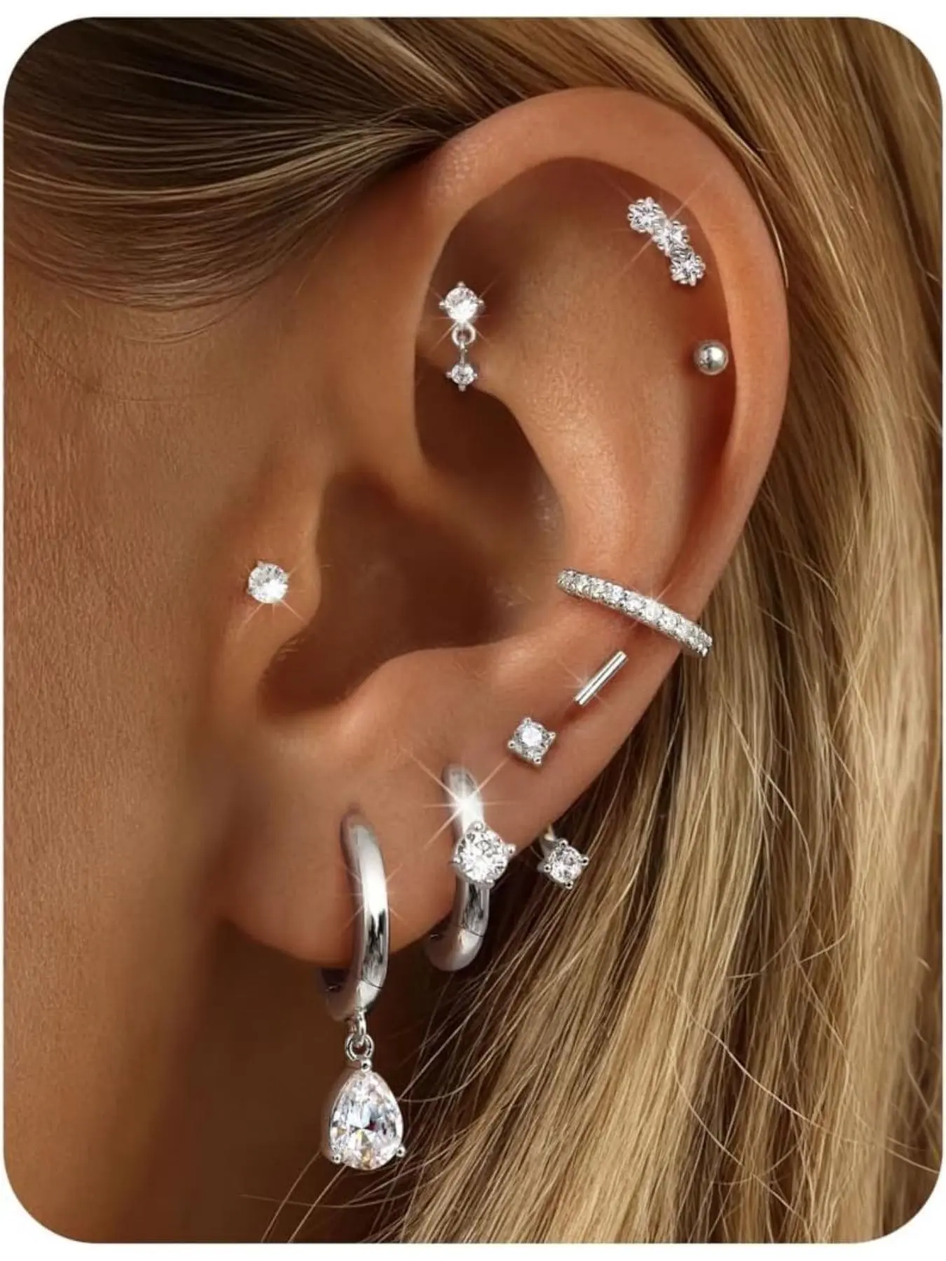 Hypoallergenic Stud Hoop Earrings for Sensitive Ears, 9 Pairs Stainless Steel Earring Set, Small Flat Back Cartilage Earrings in Silver