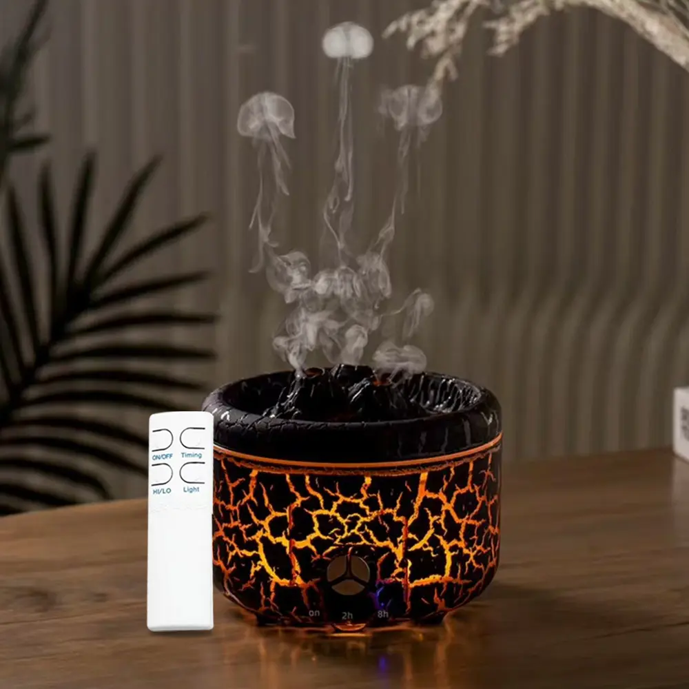 wireless remote control Volcano Jellyfish Smoke Ring Aroma Diffuser, 300ml Cracked Flame Essential Oil Humidifier with Remote Control, 2/8H Timer, Quiet Ultrasonic Air Freshener, Decor Ambient Light for Home Bedroom Office Gift