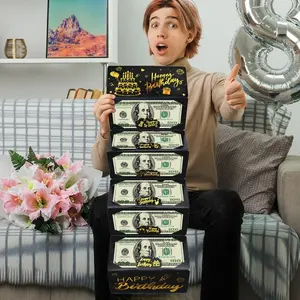 1pcs Black Gold Happy Birthday Envelope for Cash, Cash Storage, DIY Money Holder with 6 Slots for Cash, Surprise Element Card Holder for Birthday, Money Gift Card for Men Women