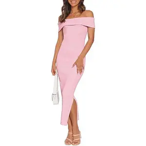 MEROKEETY Women's 2025 Off-Shoulder Knit Bodycon Midi Dress, Casual-Formal Womenswear for Spring-Summer, Workwear & Formal Wear