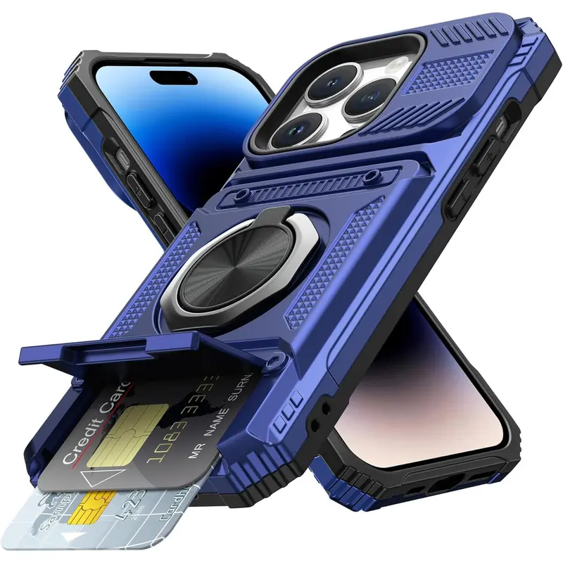 Magnetic Phone Case Cover Casing for iPhone 18 17 16 15 14 13 12 11 Pro Max/Plus - 2-Card Quick Access Holder, 360° Stand Adjust Rotatable Ring Kickstand, Military Grade Heavy Duty Shockproof Accessory