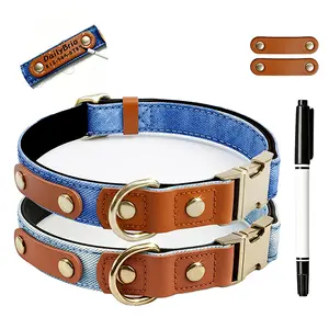 DailyLeap Writable Denim Dog ID Collar with 3 Replaceable Leather Patches & Free Marker - Quick-Release Buckle Retro Wash Pet Collar, Instant Handwriting Name Tag，dog collars