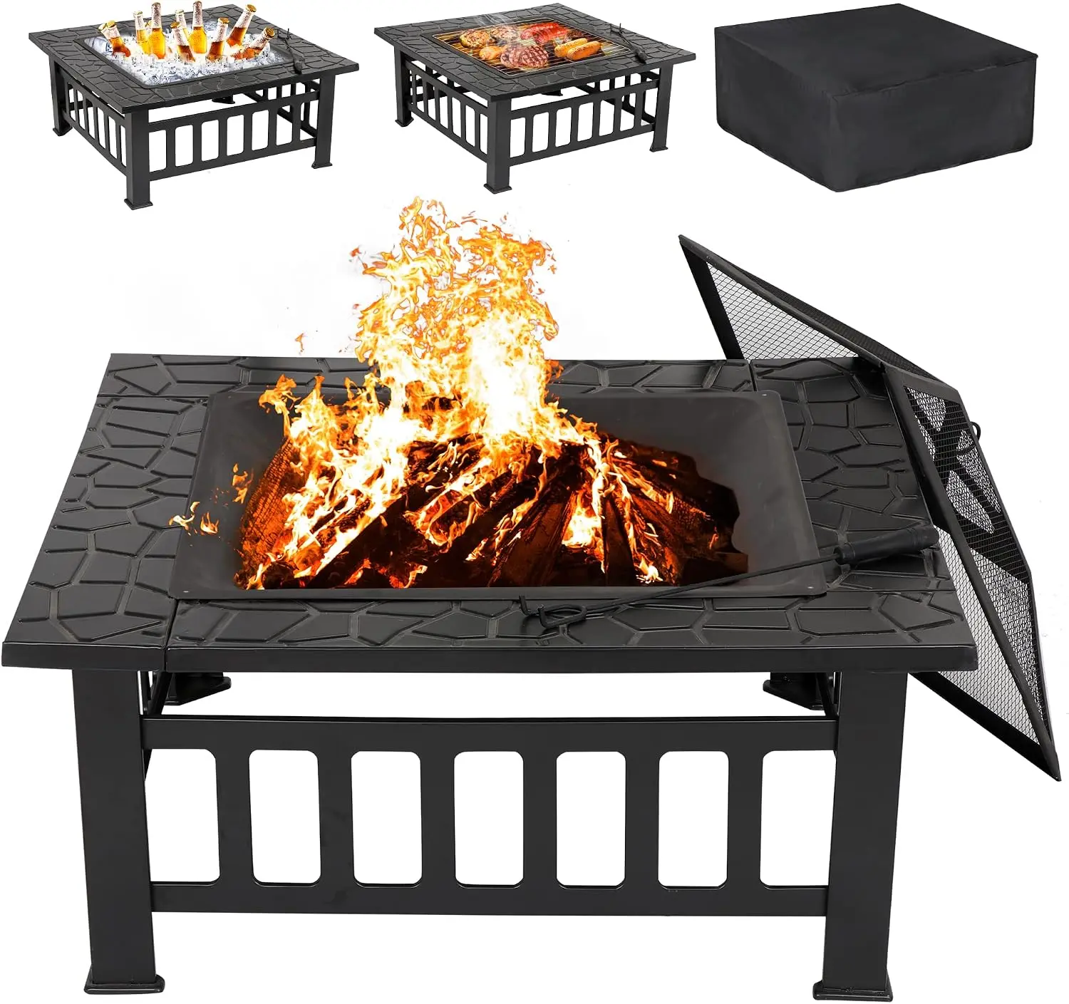 Segawe Heavy-Duty Outdoor Fire Pit Set with Mesh Lid, Poker, Stainless Steel-Iron Frame, 32/26.4/22-in Wood-Burning/Charcoal Tabletop Fire Pit, Food-Safe, BBQ, Outdoor, Camping, Picnic,