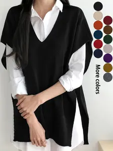[Plus Size] Solid Split Hem Fitted Sweater Vest, Casual V Neck Knit Top for Spring & Fall, Women's Plus Clothing for Daily Wear, Casual Sleeveless Vest
