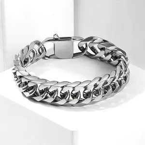 15mm Wide Heavy Silvery Tone Double Curb Cuban Link Rombo Mens Chain Boys 316L Stainless Steel Bracelet Fashion Jewelry Gifts