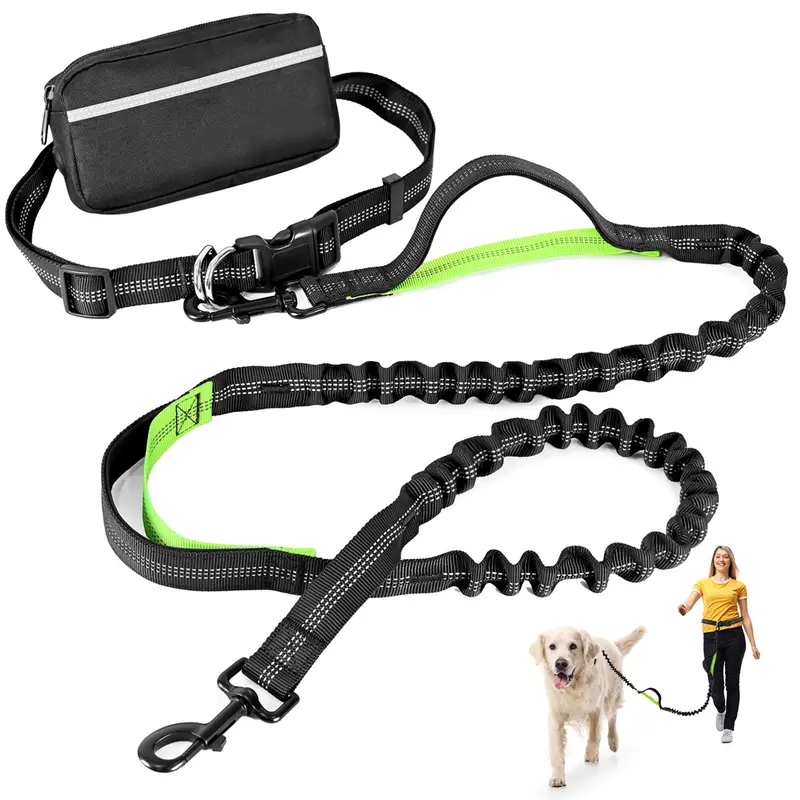 PetStars Hands Free Dog Leash with Zipper Pouch, Dual Padded Handles and Duarable Bungee  Adjustable Waist Belt (27" - 49") Up to 120 lbs, Suit for Medium to Large Dogs Walking, Jogging and Running