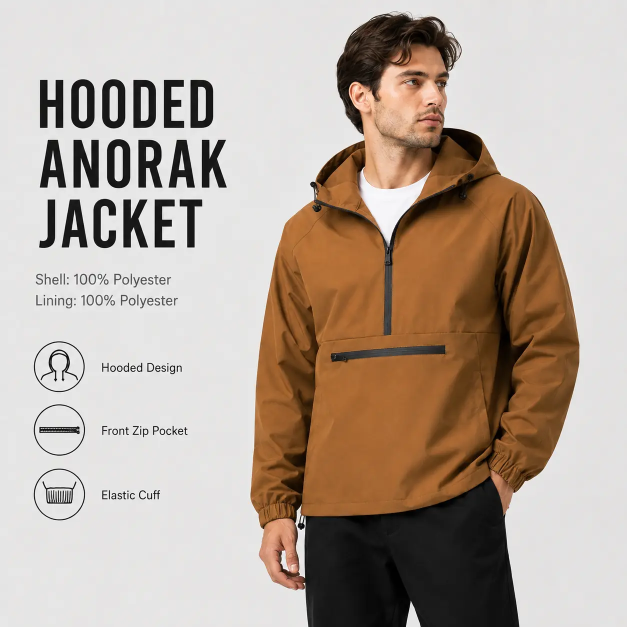 Men’s Lightweight Hooded Anorak Jacket Half Zip Pullover Windbreaker with Front Zip Pocket Casual Outdoor Hiking Travel Everyday Jacket Coats Menswear