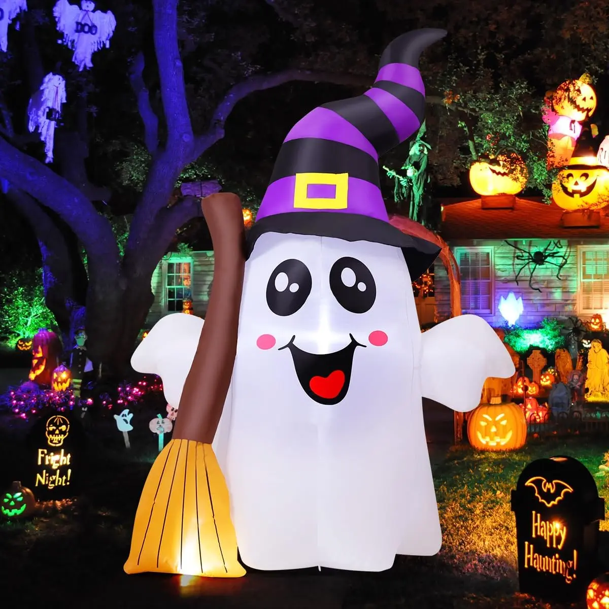 GOOSH 6.2 FT Halloween Inflatables Ghost Outdoor Decorations Blow Up Yard Cute Ghost Holding Broom with Built-in LEDs for Garden Lawn Indoor Party Decorspooky season decor, spooky yard decor, halloween yard decor, halloween gift for him and her, 2026 gift