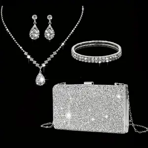 5 Luxurious Rhinestone Evening Bags With Jewelry, 1 Set Of Glitter Wedding Party Dance Banquet Clutch Bag With Glitter HairLight Earrings Necklaces And Women's Bracelets Sent Dust And Moisture-proof Bags