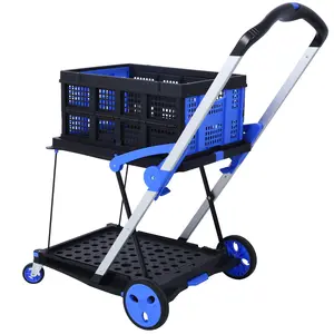 Collapsible Utility Cart Multi Use Functional Cart with Baskets - 2-Tier Cart for Cosmetic Organization and Shopping, Folding Design cart, Foldable Wagon, Grocery Shopping Cart