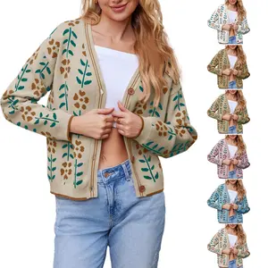 Imily Bela Womens Floral Print V Neck Cardigan Open Front Button Down Knit Sweater Long Sleeve Loose Fashion Tops
