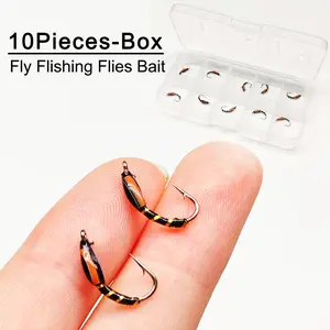 10Pcs(with Flies Box) Fly Fishing Flies Lure Hooks Orange Midge Dry Flies Lure Artificial Nymph Bait for Fishing Salmon/Trout Fishing Lure