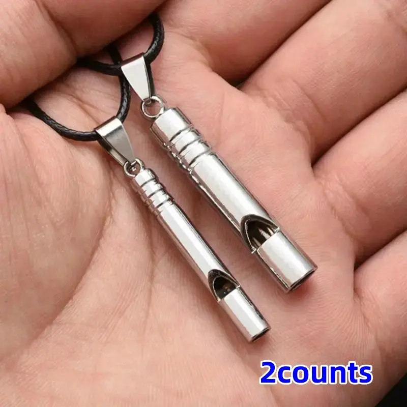 2-Pack Loud Titanium Emergency Whistles with Leather Lanyard, Ideal for Hiking, Camping, Climbing, Outdoor Activities, Survival Gear and Supplies