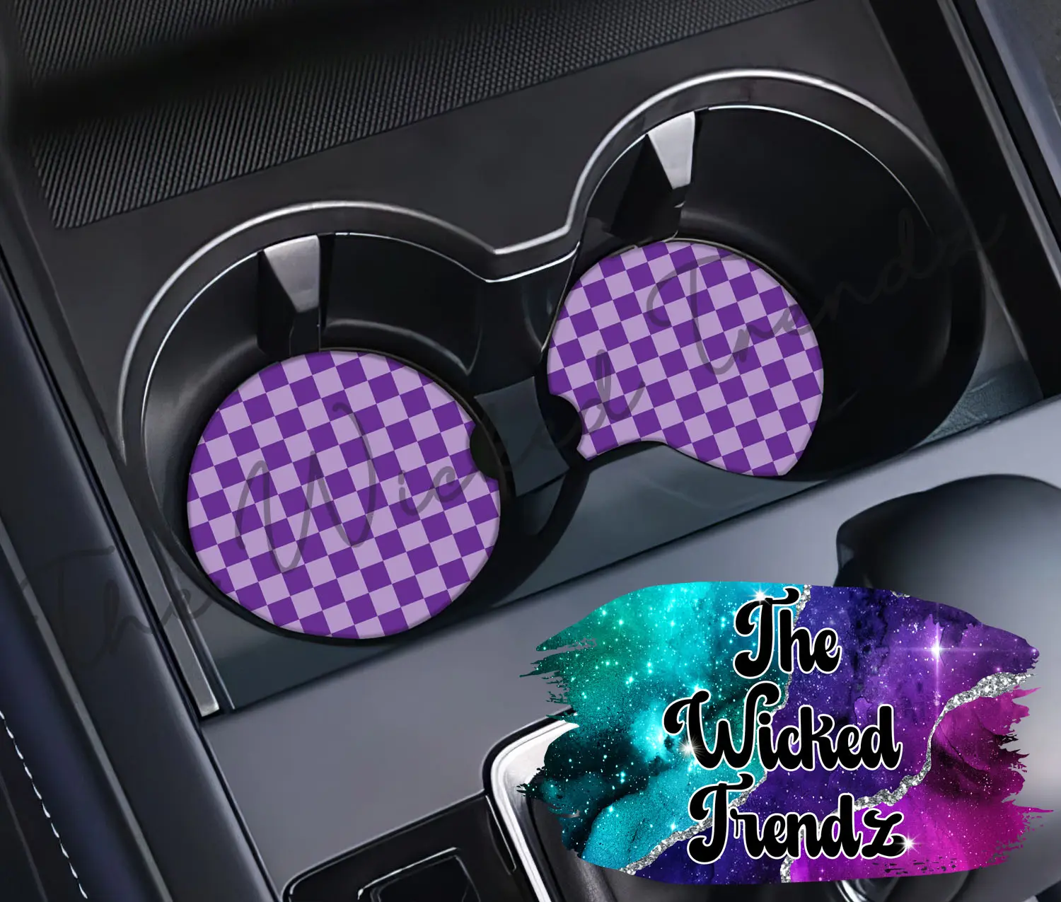 Cute Car Coasters Set of 2 Purple Checkered Print Retro Cute Car Truck Accessories Decor Cup Holder New Car Gift Car Decoration Women Men Girl Car