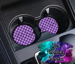 Cute Car Coasters Set of 2 Purple Checkered Print Retro Cute Car Truck Accessories Decor Cup Holder New Car Gift Car Decoration Women Men Girl Car