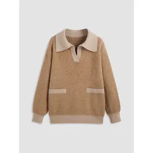 Cider [size 2-10] Collar Solid Contrasting Binding Knitted Long Sleeve Top