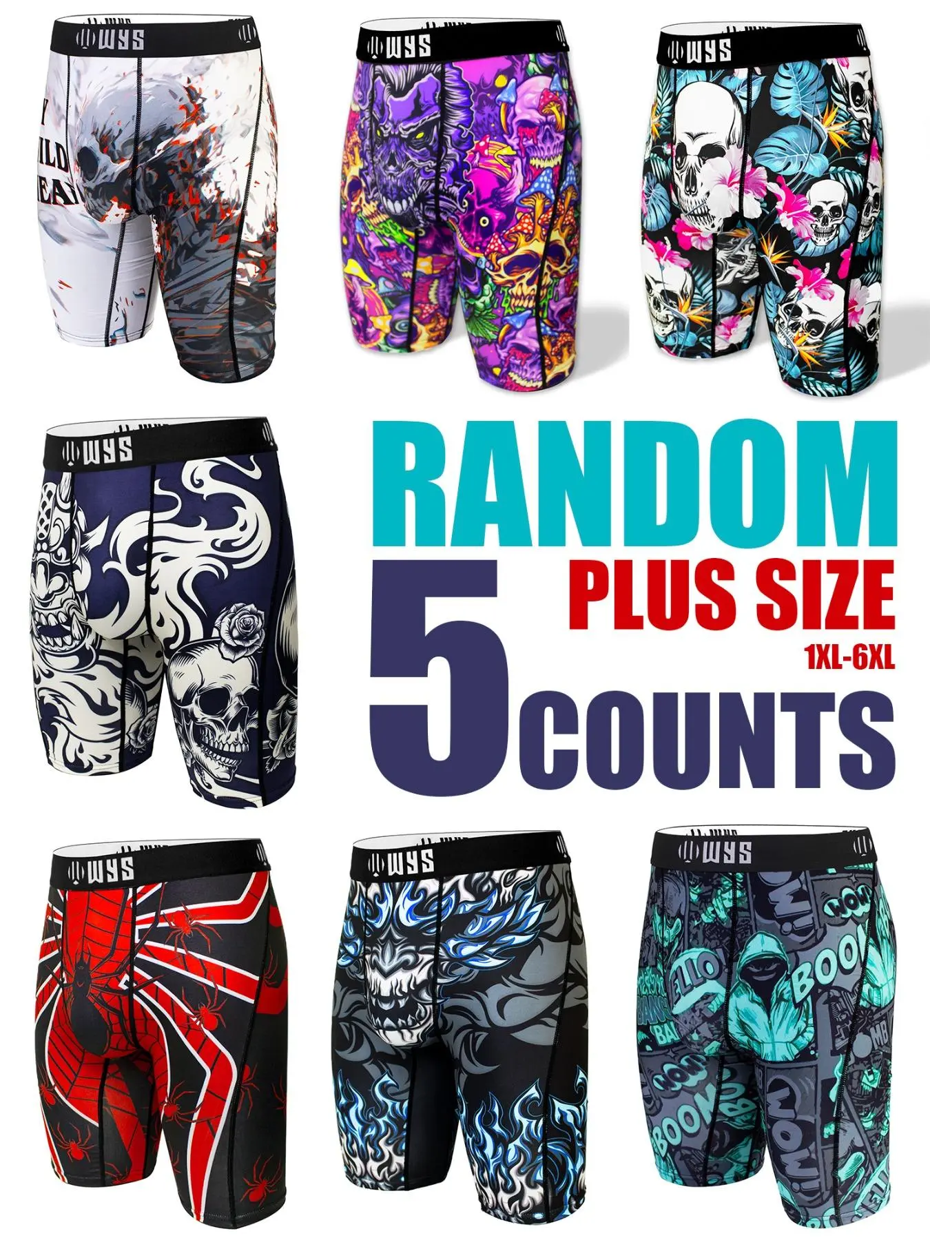 Random 5-Piece Set Plus Size Men's Long Thong Printed Underwear, Breathable Sport Briefs, Quick-Dry, Halloween Print, Anti-Slip, Comfortable Elastic Waistband, Sports Underwear, Underwear Undergarments