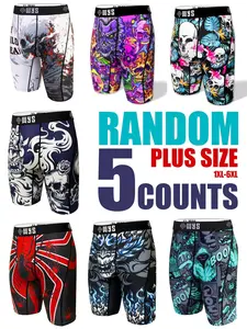 Random 5-Piece Set Plus Size Men's Long Thong Underwear, Breathable Sport Briefs, Quick-Dry, Halloween Print, Anti-Slip, Comfortable Elastic Waistband, Workout Gym Underwear