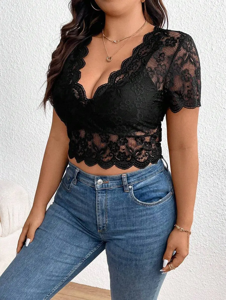 Swim Vcay Plus Size Lace Hem Short Sleeve Summer Corset Black Top Cropped Top
