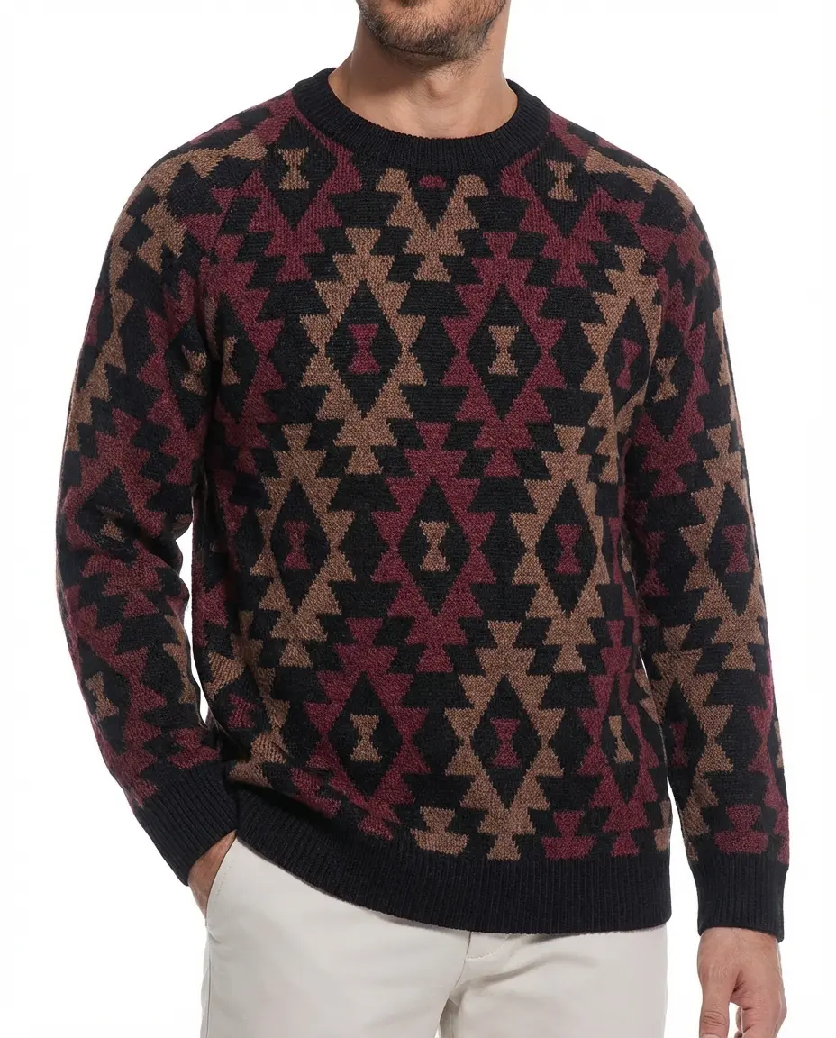 Men’s Aztec Geometric Knit Sweater, Vintage Crewneck Pullover for Western Casual Streetwear, Fall Winter Holiday Outfits Knitwear Tops Menswear Long Sleeve Round Neck