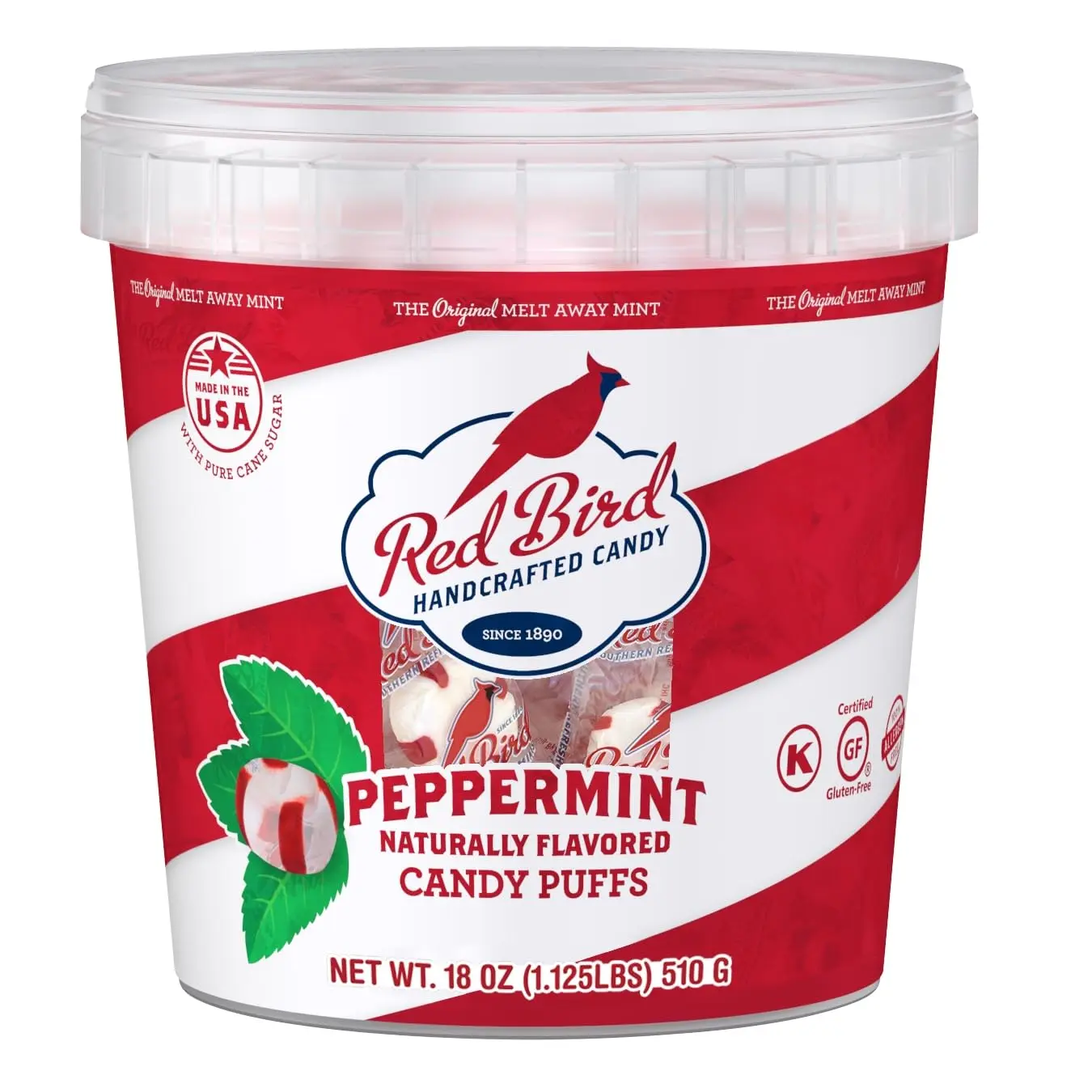 Red Bird Soft Peppermint Candy Puffs, Individually Wrapped Soft Mints, 18 oz Tub, Refreshing Peppermint Candy