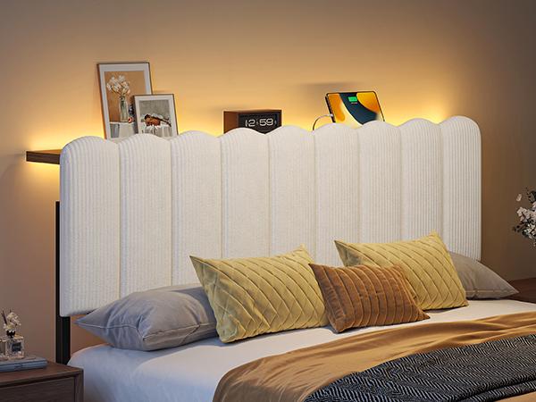 Pinmoco Upholstered Headboard with Storage Shelf, Type-C and USB Charging Station, Modern Beige Striped Velvet【Headboard Only】