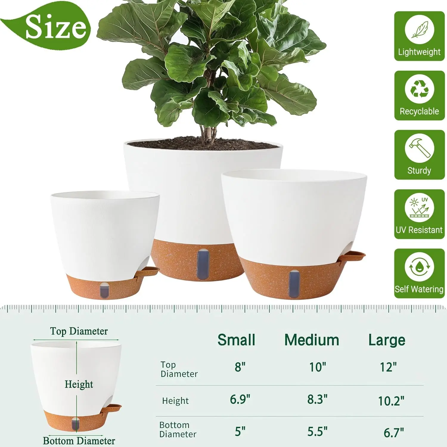 8/10/12 Inch Self Watering Pots for Indoor/Outdoor Plants - Large Plastic  Planter with Drainage Holes, Water Level Indicator & Deep Reservoir, Modern  Decorative Flower Pots (White) - TikTok Shop
