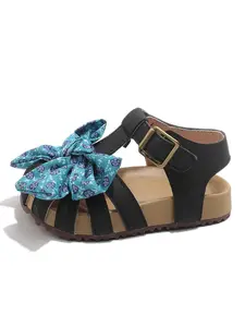 Girls Floral Bow Sandals, Floral Butterfly Vintage Rose Flower Design, Soft PU Leather & Anti-Slip Rubber Sole, Adjustable Velcro Straps, Summer Outdoor Shoes, Bow Decorated Sandals