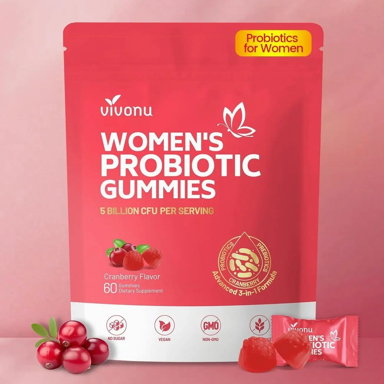 VivoNu Probiotics for Women, Women Probiotic Gummies, 500 Million CFUs, Fiber | Feminine Balance Gummies for Healthy Odour, Digestive Support and Gut Health + Vitamin C for Immune Support - 60 Gummies