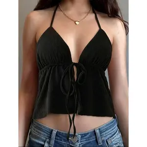 y2k Crop Tops Summer Women Solid Color Bandage Open Front Sleeveless Backless Camisole Streetwear