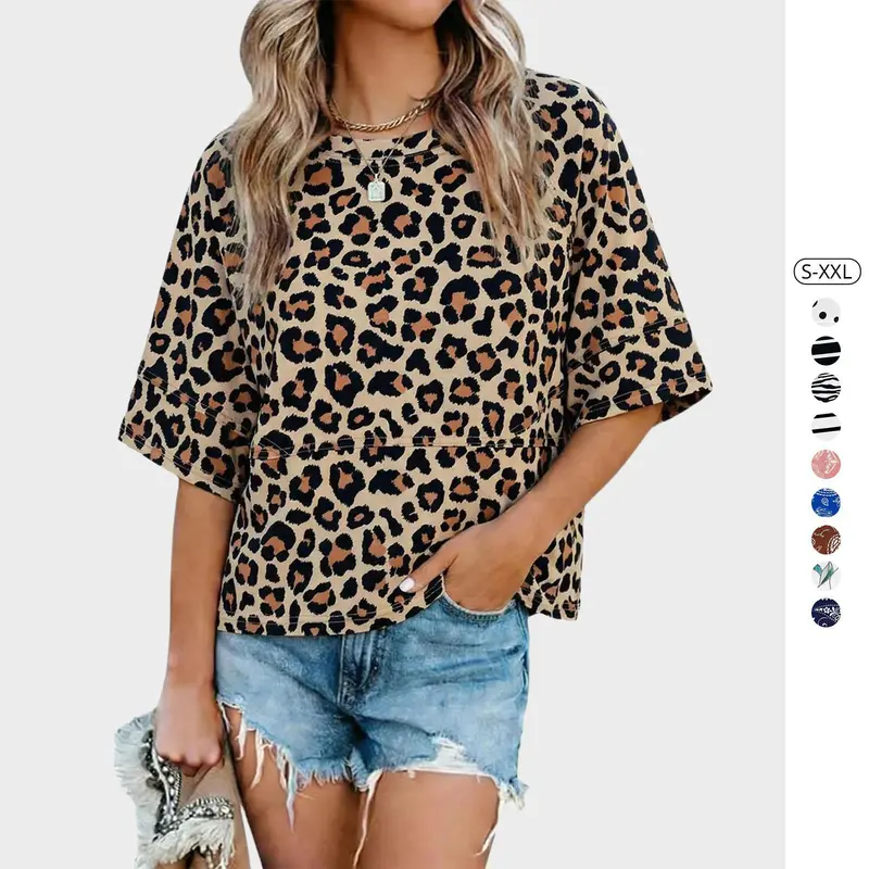 Imily Bela Women's Summer Casual Crewneck 3/4 Sleeve T Shirts Solid Color Loose Fit Cute Basic Tops Tees Blouses