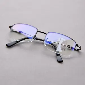 Men's Near and Far Multifocal Glasses Unisex Anti-blue Light Reading Glasses Metail Half Frame Ultralight Hyperopia To +4.0