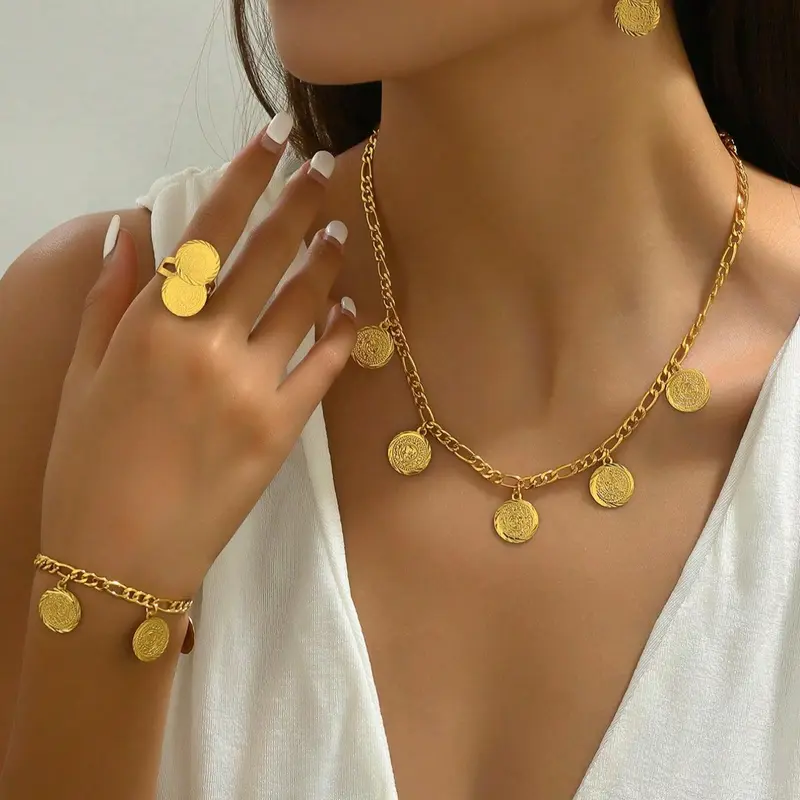 Women's Vintage Coin Design Necklace & Ring & Earrings & Bracelet, Fashion Jewelry for Party, Daily Clothing Decor, Trendy All-match & Exquisite Jewelry for Gift, Vintage Jewelry Set, Jewellery Accessories Set