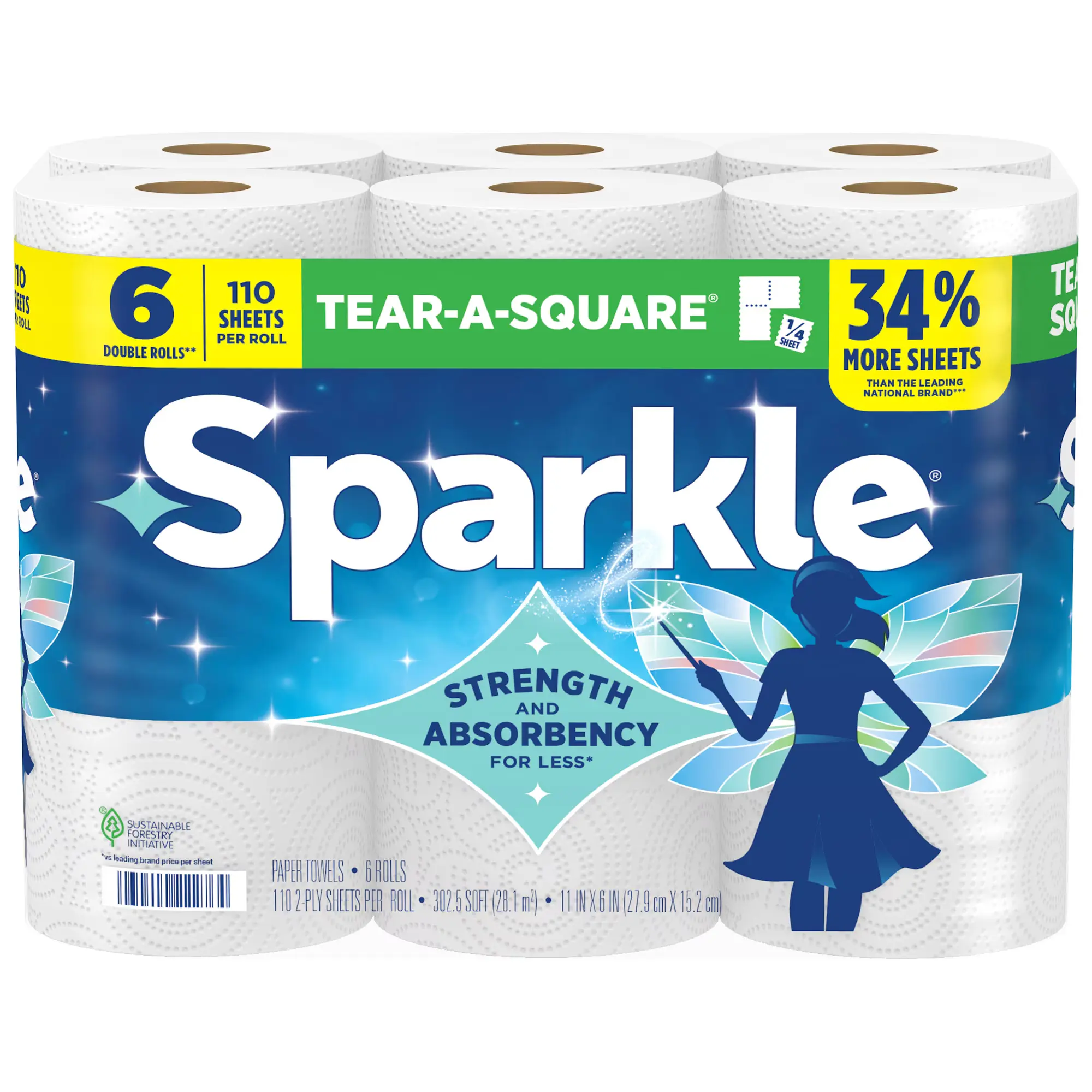 Sparkle Tear-A-Square Paper Towels, 6 Double Rolls, 110 Sheets per Roll