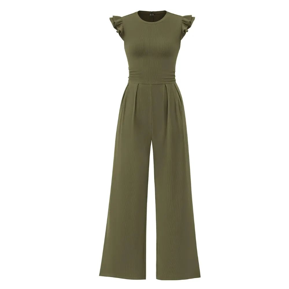 PrettyGarden Ribbed Crew Neck Ruffle Jumpsuits for Women Dressy Cap Sleeve Romper Crew Neck  Knit One Piece SummerOutfits