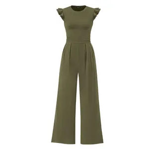 PrettyGarden Ribbed Crew Neck Ruffle Jumpsuits for Women Dressy Cap Sleeve Romper Crew Neck  Knit One Piece SummerOutfits