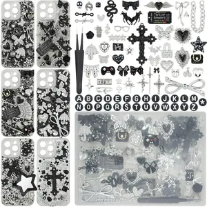 2250 Pcs Black Silver Junk Case Charms Kit, Cool Charms for Junk Cases, Big Cross, Bat, Snake, Spiked Heart, Chains, Dollar Charm, Black Letter Beads, Silver Studs, Glitter Confetti