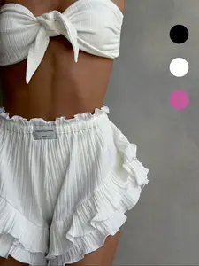 Summer New Sexy Chic Knit Solid Crop Top Set, Slim-Fitting Sleeveless Blouse & High-Waisted Ruffle Shorts, Casual Wear for All Seasons