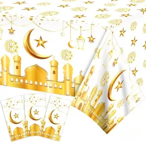 3pcs  Party/Banquet Tablecloth, Picnic Table Mat, Table Cover, Easy to Clean, Disposable, Non Washable, Star Moon Pattern, Eid al Fitr, Mubarak Muslim Ramadan Party Supplies, Decorative Supplies, Creating a Party Atmosphere