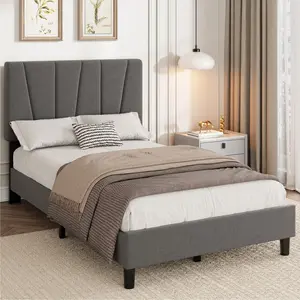 Twin Upholstered Bed Frame with Adjustable Headboard, Linen Platform with Wooden Slats, No Box Spring Needed