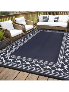Black, blue and white - 9*12 feet Outdoor Area Rug Waterproof Plastic Straw Camping Rugs Modern Stylish Geometric Reversible Light Weight Portable Mat UV Resistant Outdoor Carpet For Patio RV Trip Balcony Beach Picnic