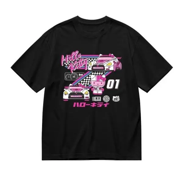 Hello Kitty Short-Sleeve T-Shirt - Tokyo Drift Racing Theme Art, Y2k Streetwear For Pairing With Denim Shorts