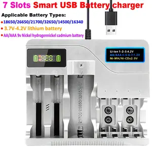 7 Slots USB Smart Battery Charger, Multi-function LCD Display 18650 USB Smart Battery Charger, 26650/21700/18650/18500/16340/14500 Lithium Battery Charger, AA/AAA/9V Nickel Hydrogen Ni-MH Battery Charger, Li-ion Rechargeable Battery Charger Power Charging