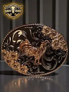 Western Cowboy Belt Buckle Gold Rooster  & Black Hebilla Vaquera Dorada & Negra con diseno de Gallo
