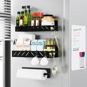 Rack for Refrigerator,4 Pack Metal  Shelf Black with Paper Towel Holder,Whiteboard,3 Markers,4 Hooks,Heavy Duty Storage for Spices,Hollowed-out