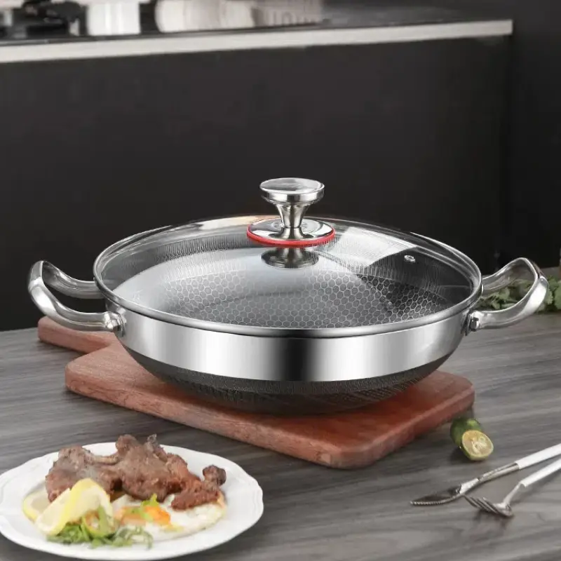 CNCEST 12.59-inch Stainless Steel Non-Stick Frying Pan Durable Cookware with Glass Lid Healthy Cooking, Easy to Clean, Compatible with All Hobs Woks C