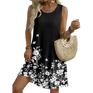 SKIKREMIO Women's 2026 Summer Casual Floral Tshirt Sundress, Sleeveless Loose Tank Beach Dress with Pockets