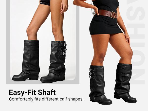 DREAM PAIRS Fold-over Knee High Fashion Boots for Women | Adjustable Buckle,Low Chunky Heel,Comfort Slouchy Boots,Festival Party Going Out Looks,Long Tall Fashion Casual Boots