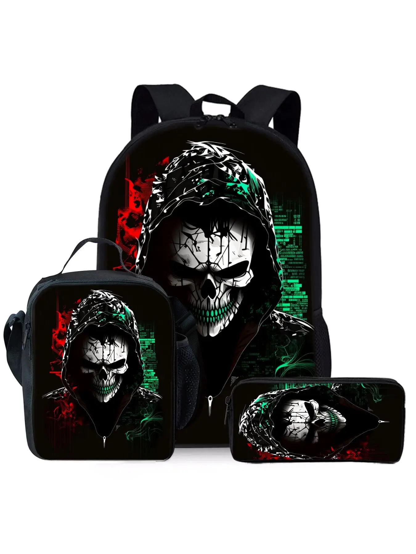 Skull Clown Print Unique Pattern 3-Piece Backpack Set, Casual Printed Geometric Pattern Backpack, Multi Compartment Backpack, Organized, Lunch Bag, Pencil Case, Backpack